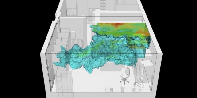 77sqm_9:26min_4: Fluid dynamics simulation of gunpowder residue particles (ammonia) within the front room of the internet cafe. Image: Forensic Architecture and Dr. Salvador Navarro-Martinez, 2017