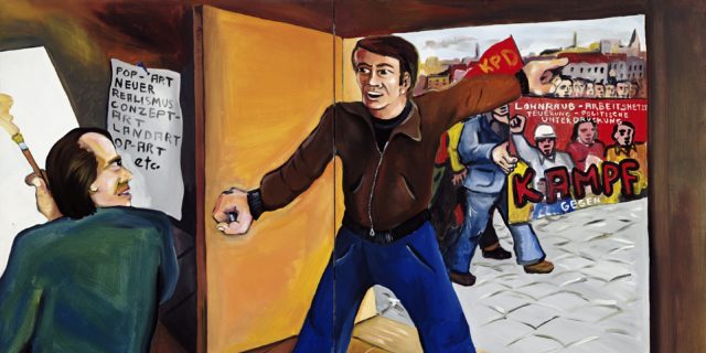 Jörg Immendorff, Wo stehst du mit deiner Kunst, Kollege? 1973, Acryl auf Leinwand, 2-teilig, 130 x 210 cm © Estate of Jörg Immendorff, Courtesy Galerie Michael Werner Märkisch Wilmersdorf, Köln & New York