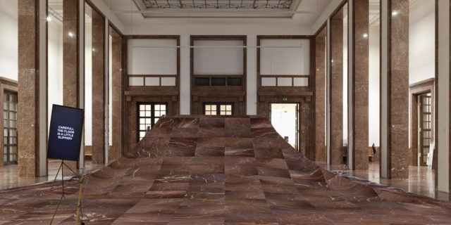 Laure Prouvost DER ÖFFENTLICHKEIT - Von den Freunden Haus der Kunst: We would be floating away from the dirty past. Installation view Haus der Kunst, 2015. Photo: Wilfried Petzi